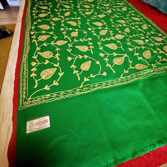 Kashmiri Luxurious Green and Gold Embroidered scarf/Throw Blanket